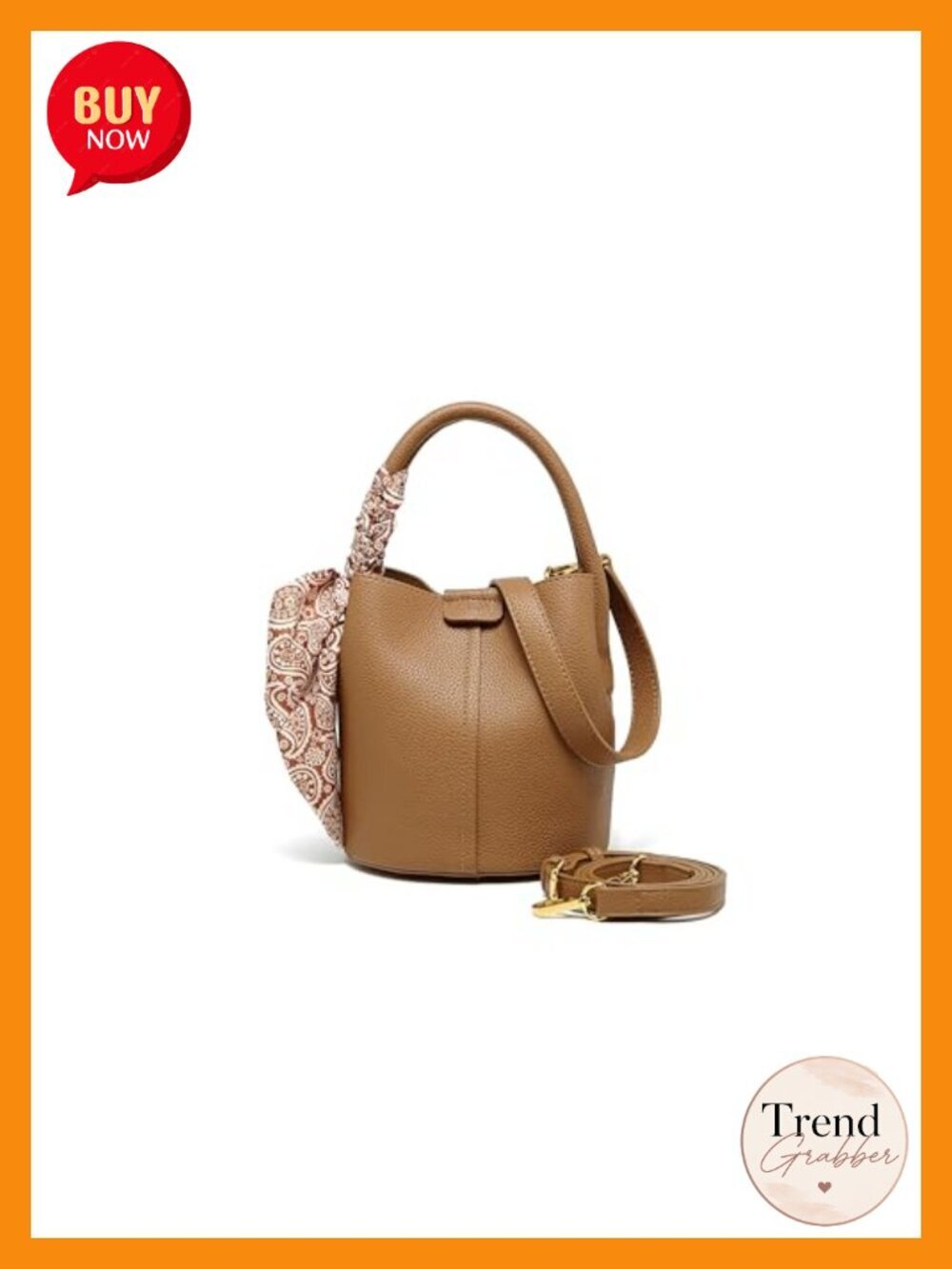 Vegan Leather Mini Bucket Crossbody Bag with Scarf, Detachable Shoulder Strap